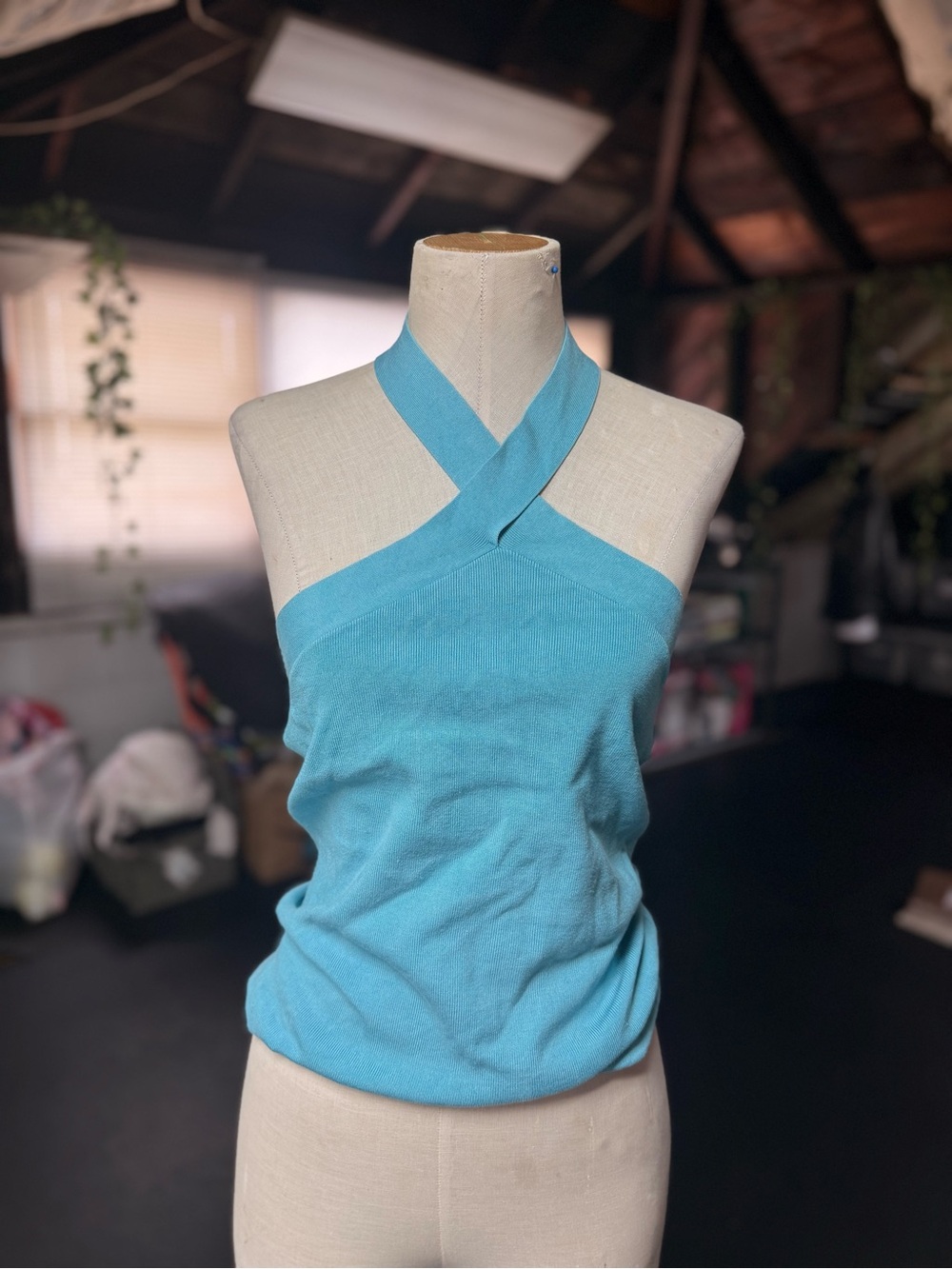 BY artisan Turquoise Halter Top Size L Y2K Cross Neck Knit Top
